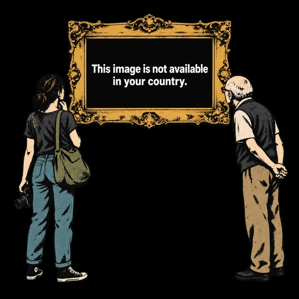Zwei Personen betrachten einen Rahmen mit dem Text: This image is not available in your country.
