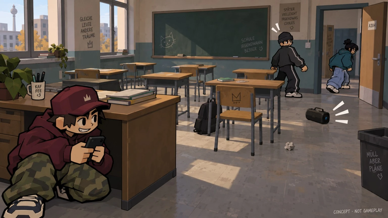 Eine Figur versteckt sich im Klassenzimmer mit dem Handy hinter dem Pult, während ein Lautsprecher den Sucher ablenkt.