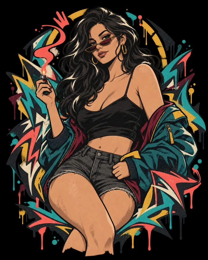 Graffiti einer Frau mit Sonnenbrille, Jacke und Feuerzeug.